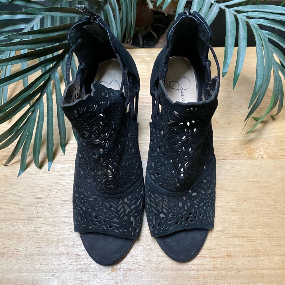 Jessica Simpson high heel zipper booties.